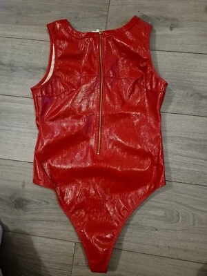 BNWOT Hustler Red PVC Zip Front Thong Back Bodysuit Size 10 - Image 1 of 4