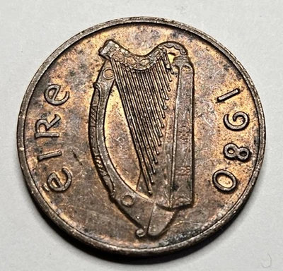 1980 Ireland 1 One Penny - Bronze Coin - Irish Harp Stylized Bird - World Coin - Image 1 of 2