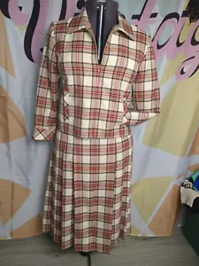 Pendleton 100% Virgin Wool Red Ivory Tartan Plaid Jacket Skirt Suit 90s - Picture 1 of 9
