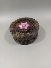  Round Soapstone Trinket Box Pearl Inlay Pink Flower Lattice Side Marble 