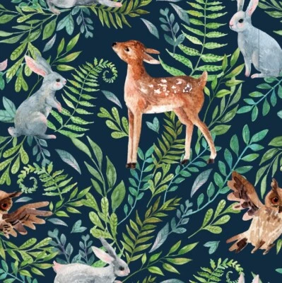 French Terry Hase und Rehe auf dunkel blau  25cm x 155cm Öko Tex Herbst Fuchs - Bild 1 von 2