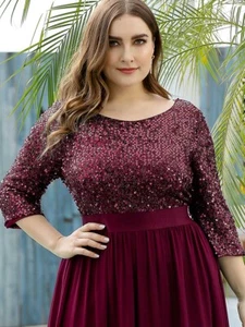 Women's Plus Size Elegant Round Neckline Long Sleeves Sequin Evening Dress - Picture 1 of 36