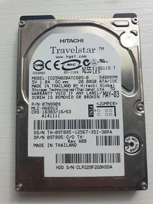 IBM IC25N020ATCS05-0 2.5" Laptop IDE ATA PATA Hard Drive 20GB P/N 07N9909 - Image 1 of 2