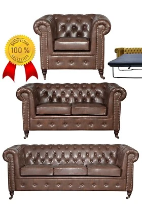 % VINTAGE CHESTERFIELD SET 1+2+3 SITZER SESSEL SCHLAFSOFA RETRO BRAUN LEDER LOOK