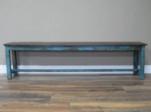 Rustic Blue Bench, Large Wooden Bench, Blue Garden Bench, Kitchen Hallway Bench - Picture 1 of 5