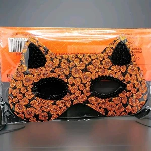 Halloween Cosplay Cat Half Face Eye Mask Orange Sequin And Glitter  - Picture 1 of 3