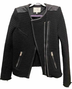 NWOT Iro Women's Black Wool Boucle Stripe, Asymmetrical Zip/Leather Trim, 34 - Picture 1 of 7
