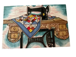Benaya Singer Sewing Machine Quilt Painted Tile 520320.  8x12 Framed - Picture 1 of 8