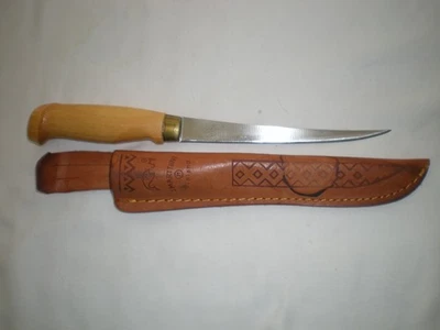 "Cuchillo filete vintage J. MARTTIINI de acero inoxidable de 6"" con funda de cuero de Finlandia" Foto 1 de 4