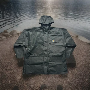 Carhartt Lightweight PVC Rain Coat Men Medium M Dark Green Snap Slick Work Shell - Bild 1 von 9