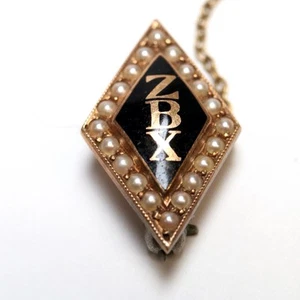 Prendedor de fraternidad vintage Zeta Beta Xi perla y esmalte - Imagen 1 de 5