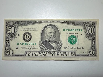 1990 Series $50 Dollar Bill Banknote Old Design US Federal Reserve Note Prefix D - Image 1 of 2