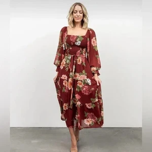 Baltic Born Vyn Tiered Midi Long Sleeve Dress in Burgundy Floral Size XL - Picture 1 of 6
