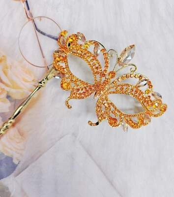 Gold Masquerade Mask, Amber Crystal Handheld Mask, Yellow Gold Mask, Party Mask - Image 1 of 4