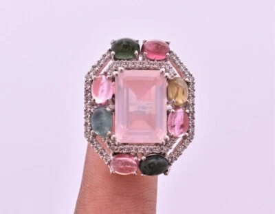 925 Sterling Silver Natural Rose Quartz,Tourmaline Cab Lovely Gift Ring P-1/2 - Image 1 of 4