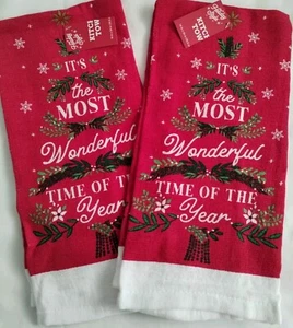 NUEVO CON ETIQUETAS 2 PIEZAS TOALLAS DE MANO DE COCINA ROJAS VACACIONES NAVIDAD ES EL MOMENTO MÁS MARAVILLOSO - Imagen 1 de 4