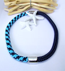 Statementkette handgefertigt Segelseil Marineblau Türkis Dunkelblau Geschenk - Bild 1 von 3