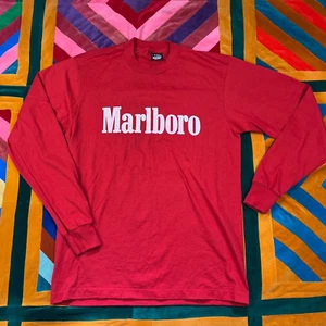 Vintage Marlboro Spell Out Long Sleeve Shirt Red Single Stitch 80s Distressed L - Picture 1 of 11