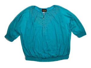 NWT Bob Mackie Plus Sz 2X Blouse Aqua Blue 3/4 Dolman Sleeve Beaded Pullover Top - Picture 1 of 9
