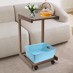 C-shaped End Table W/ Universal Wheels Walnut-colored Freestand Small Side Table - Picture 1 of 16