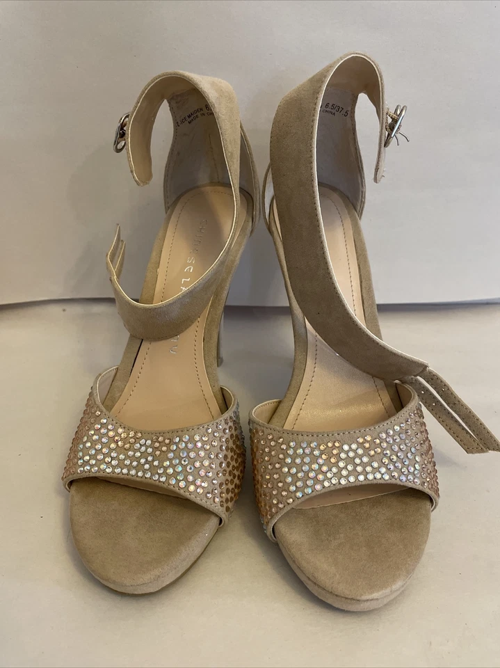 Tacones chinos de gamuza a rayas marrones con correa al tobillo diamantes de imitación talla 6 1/2 Foto 1 de 4