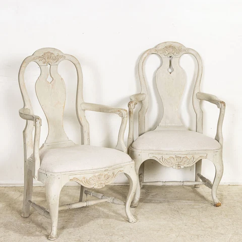 Late 19th Century Antique Pair of Gray Painted Swedish Arm Chairs Cover