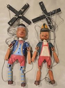 Vintage Austrian Wooden Marionette Puppet Set - Pinocchio & Mountie -Rare - Picture 1 of 20