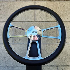 14" Billet Steering Wheel Tri Spoke Carbon Fiber Vinyl Chevy Bowtie Horn - Picture 1 of 3