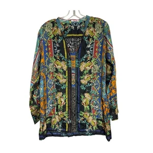 Johnny Was XS Túnica Seda Boho Top Manga Larga Cuello en V Estampado Floral Bohemio - Imagen 1 de 5