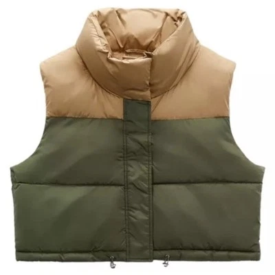 Chaleco Recortado Zara Quiltad Acolchado Puffer Bloque de Color Cuello Alto Chaleco Corto Pequeño Foto 1 de 4