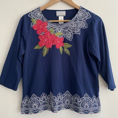 Alfred Dunner Holiday Christmas Shirt Woman's Petite Small Navy Embroidered - Image 1 of 4