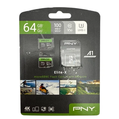PNY Elite X 2 64GB microSDXC UHS I U3 V30 A1 Cards with SD Adapter Kit Class 10 - Image 1 of 4