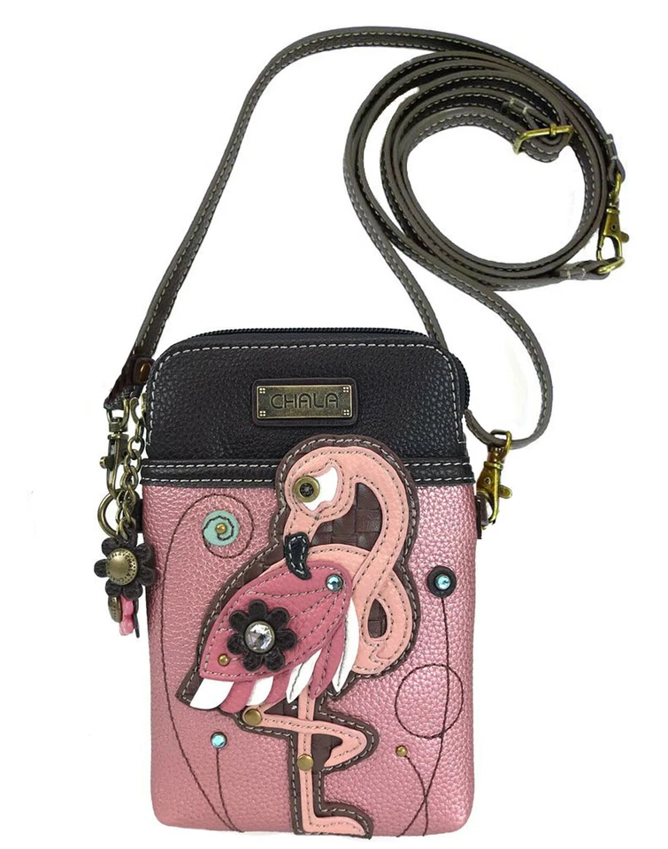 Chala Pink Rose Flamingo Bird Cell Phone Crossbody Purse Adjustable Strap