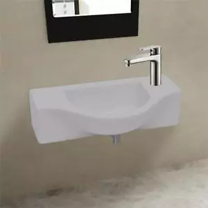 Ceramic Hand Wash Bathroom Basin Wall Hung Sink Bowl w/ Faucet Hole - White - Picture 1 of 1