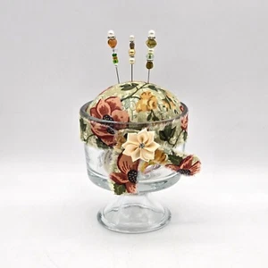 Vintage Pedestal Glass Pincushion Holder With Floral Fabric & Sewing Supplies - Picture 1 of 7