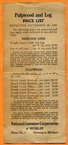 Ontonagon MI National Container Corp. Pulpwood & Log Price List 1950 Card - Picture 1 of 2