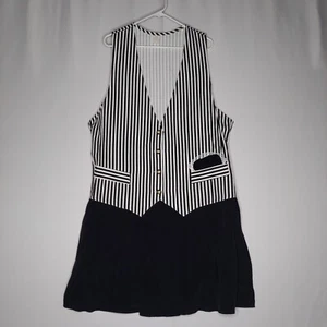 Vtg Drop Waist Vest Dress 18 Sleeveless Black White Stripe Pearl Button Tie-Back - Picture 1 of 8
