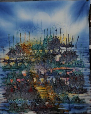 Batik Art Fishing Boats Painting Double Process. By Hadi.  75cm x 89cm - Image 1 of 4