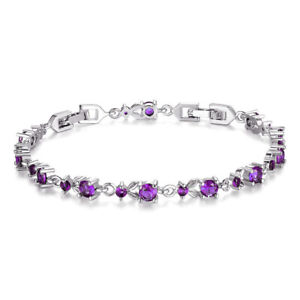 Fashion Woman Exquisite Purple Round Zircon Silver Bracelet Jewelry Wedding Gift