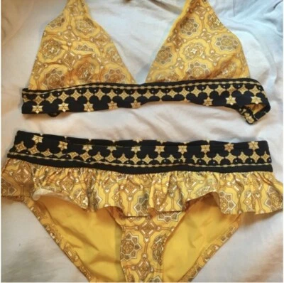 Conjunto de biquíni de banho Juicy Couture Y2K azul marinho e amarelo pequeno P NUNCA usado - Imagem 1 de 4