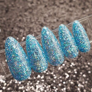 #180 Bright Blue Holo Glitter Press On Nails | Handmade | Hard Gel Glue on Nails - Picture 1 of 10