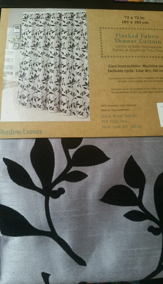 NIP DUCK RIVER TEXTILES SHADOW LEAVES  SHOWER CURTAIN GRAY W/BLACK FLOCKED LEAVE - Image 1 of 3