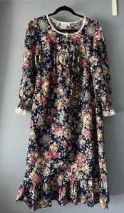 Vintage Prairie Dress Sz S Navy Blue Floral Laced Ruffled Willow Creek Cottage - Picture 1 of 10