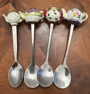 4er Set Demitasse Espresso Kaffee oder Teelöffel mit Teekanne Tops, Tea Party! - Bild 1 von 7