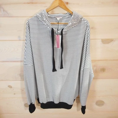 NUEVO CON ETIQUETAS Andree by Unit Mujer L Sudadera con Capucha Rayas Relajada Dolman Plata Lentejuelas Brillantes Foto 1 de 4