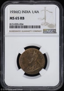 1936-(C) India 1/4 Anna NGC MS 65 RB | Uncirculated UNC BU - Picture 1 of 4