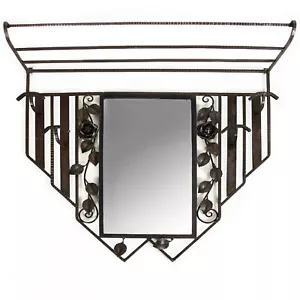 Art Deco Wrought Iron Hall Mirror with Coat Rack and Shelf, France, circa 1930 - Picture 1 of 14