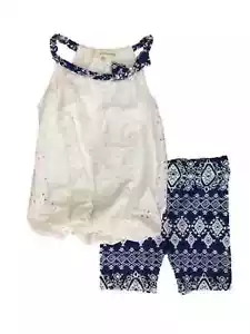 Infant Girls Blue & White Floral Geometric Baby Outfit Eyelet Shirt & Shorts Set - Picture 1 of 1