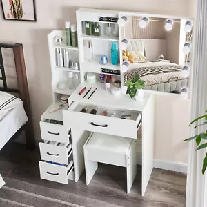 Set sgabello tavolo trucco scrivania vanità camera da letto bianco con specchio illuminato LED - Foto 1 di 11