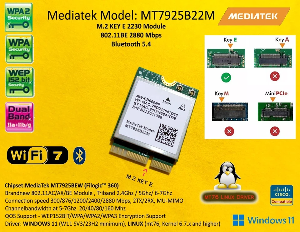 AMD Mediatek RZ717 MT7925 M.2 WIFI 7 802.11BE Bluetooth 5.4  Triband Filogic 360 - Bild 1 von 1